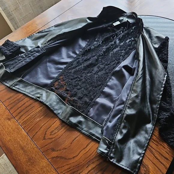 Streetwear Society Black Faux Leather Lace Insert Moto Jacket Small - Picture 11 of 15